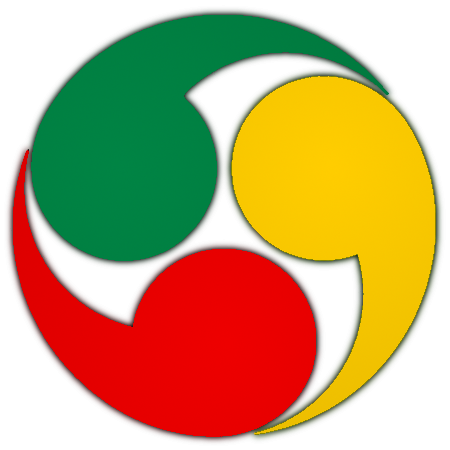 The Hidari Gomon three-comma crest in green, gold and red