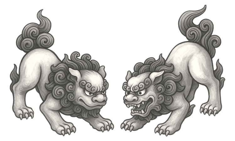 A pair of Shisa guardian lion-dogs